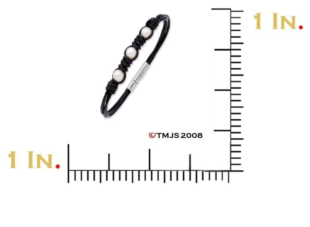 Stainless Steel Black Leather and Simulated Pearls Bracelet,7.75