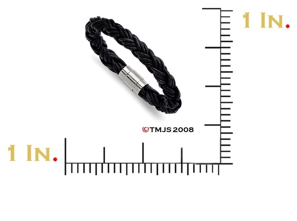 Men's Stainless Steel Black Leather Bracelet, 8.5