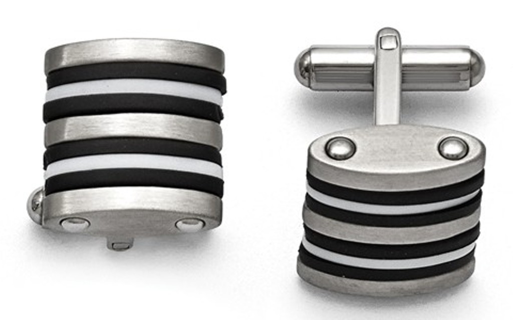 Stainless Steel, Satin Brushed Black, White Rubber Cuff Links