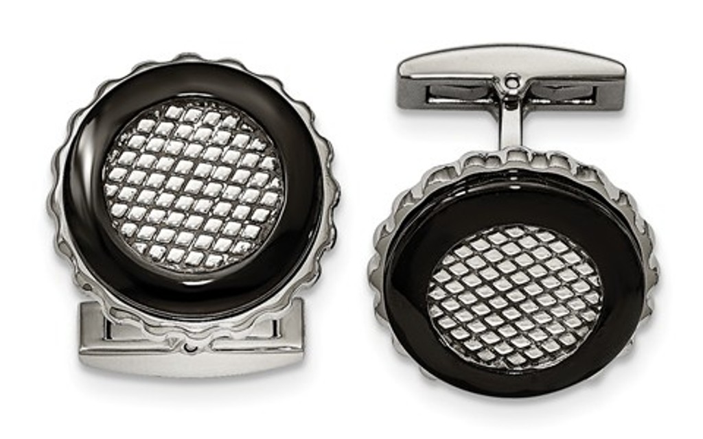 Black IP-Plated Stainless Steel, Polished Textured, Round Cuff Links, 
