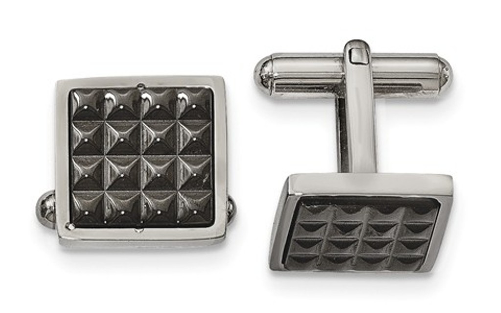 Black IP-Plated Stainless Steel, Polished Studded Square Cuff Links, 