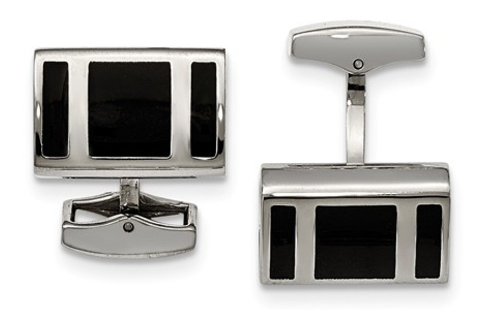 Stainless Steel Polished Black Rubber, Toggle Back, Rectangle Cuff Links
