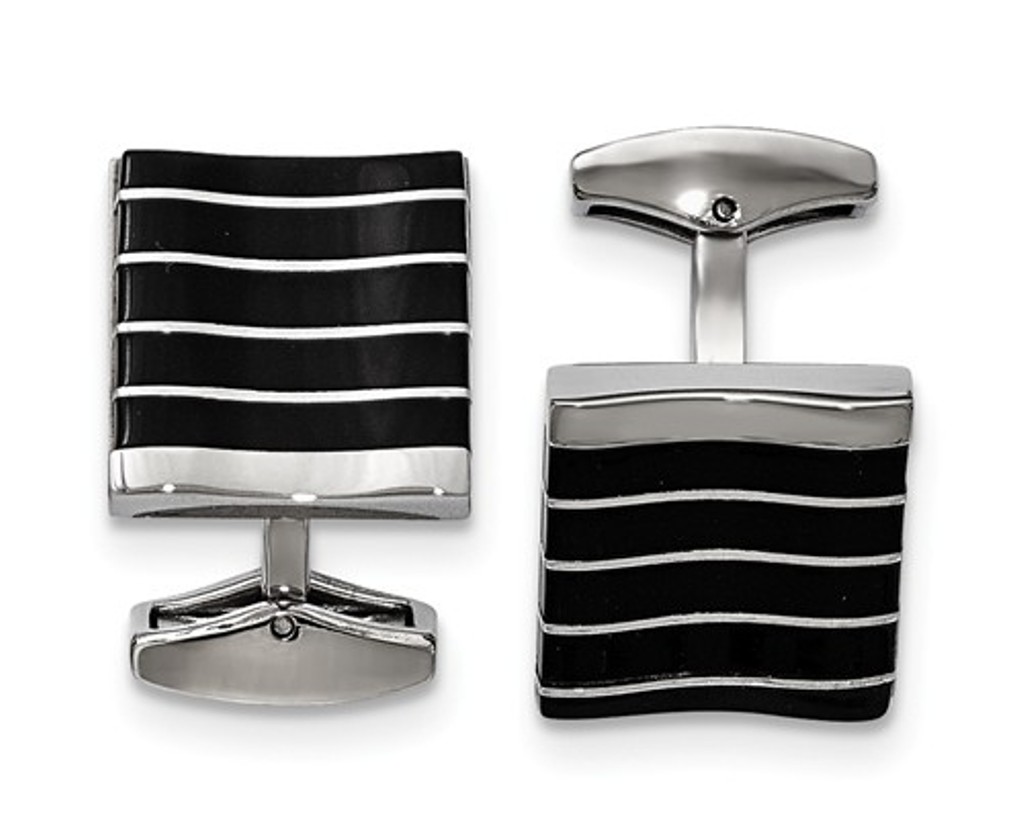 Stainless Steel, Satin Brushed Black Cat's Eye Square Cuff Links, 