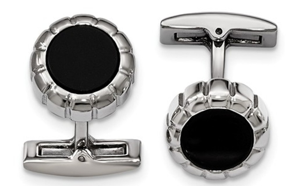 Black IP-plated Stainless Steel, Polished Black Scalloped Round Cuff Links, 