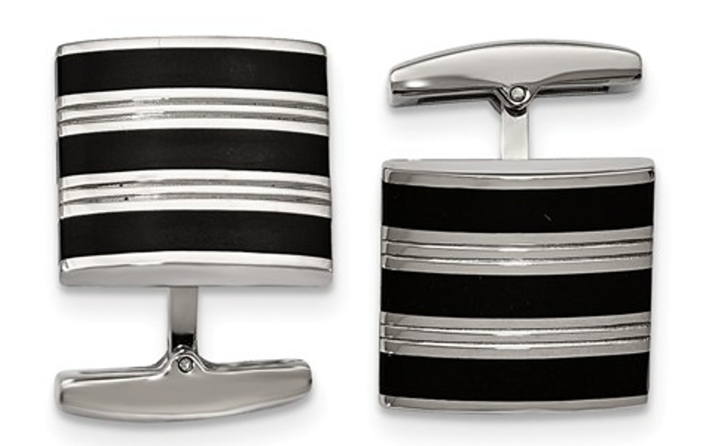 Stainless Steel Polished, Grooved Black Rubber Stripes, Square Cuff Links, 