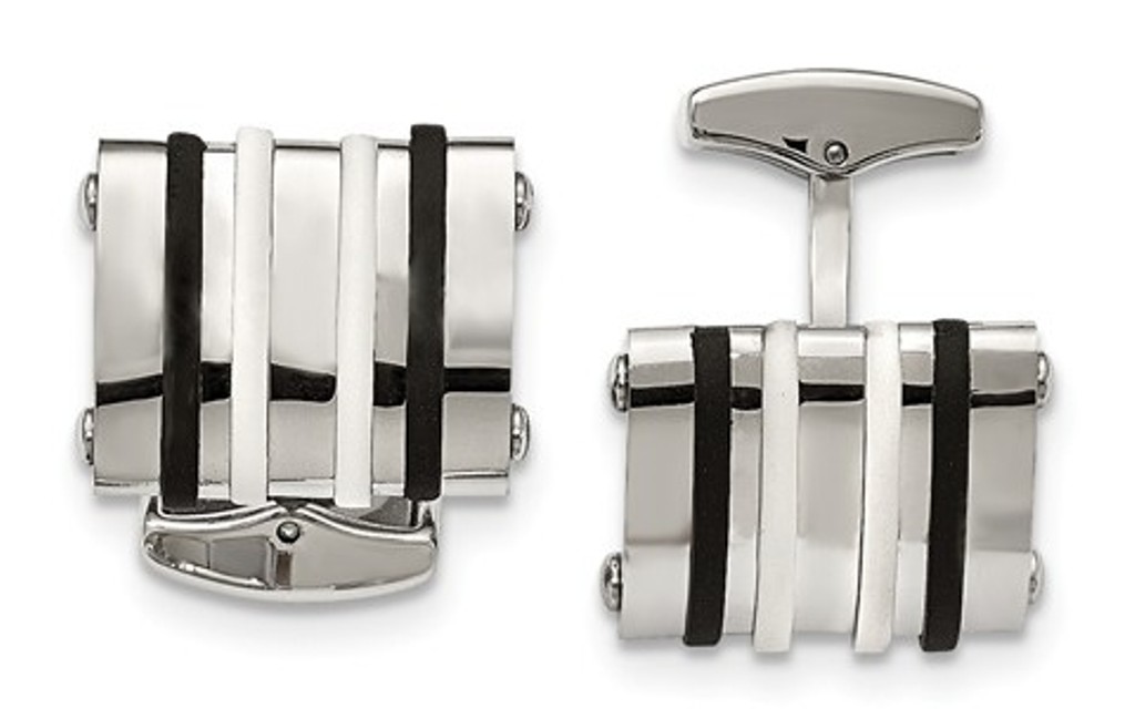 Stainless Steel, Black/White Rubber Bands, Rectangle Cuff Links, 