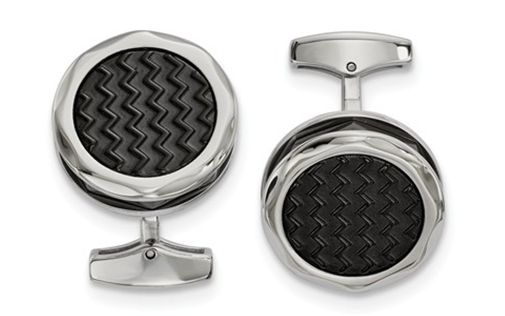 Black IP-Plated Stainless Steel, Polished Zig Zag, Round Cuff Links, 23.67x13.05MM