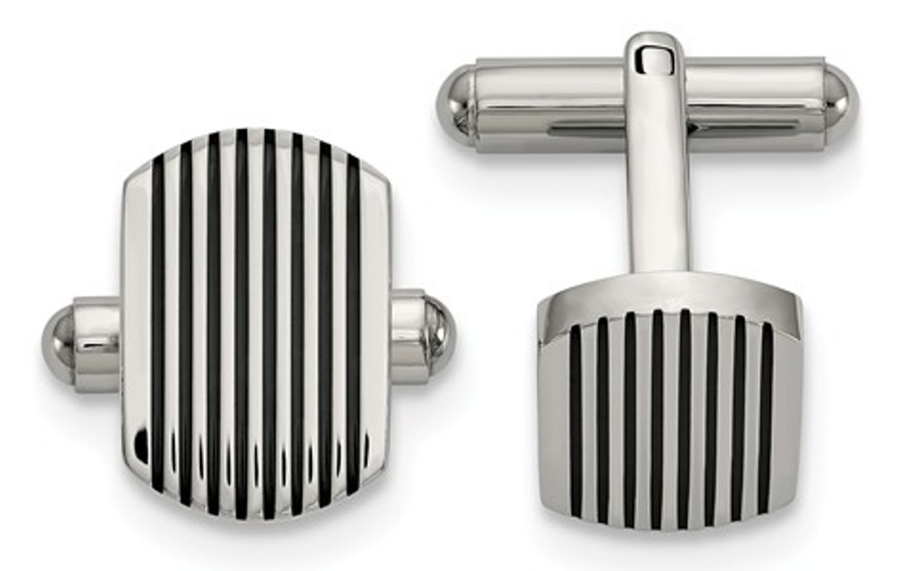 Black IP-Plated Stainless Steel, Polished Striped Cuff Links, 15.5MM