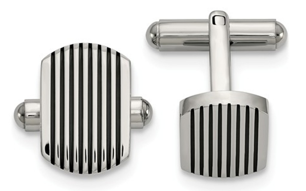 Black IP-Plated Stainless Steel, Polished Striped Cuff Links, 15.5MM