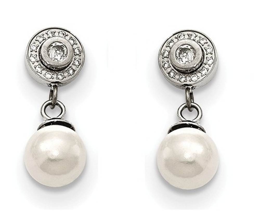Stainless Steel Cubic Zirconia and Freshwater Cultured Pearl Dangle Earrings
