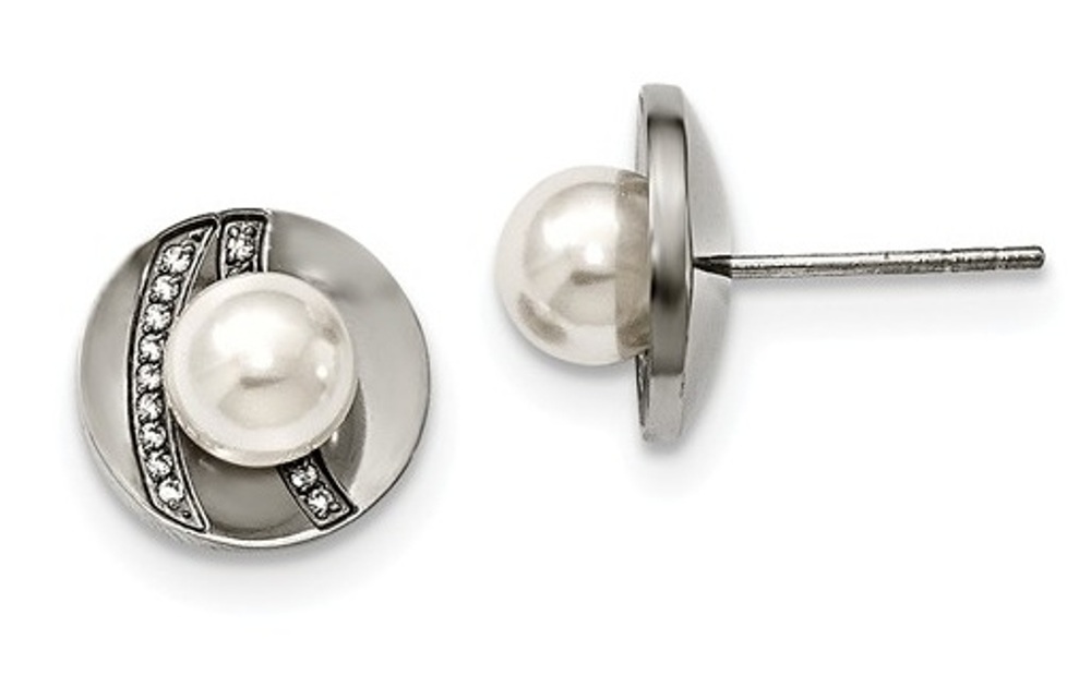 Stainless Steel Cubic Zirconia and Freshwater Cultured Pearl Post Earrings