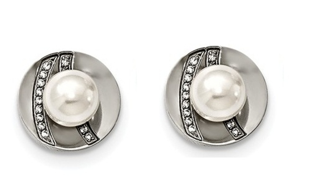 Stainless Steel Cubic Zirconia and Freshwater Cultured Pearl Post Earrings