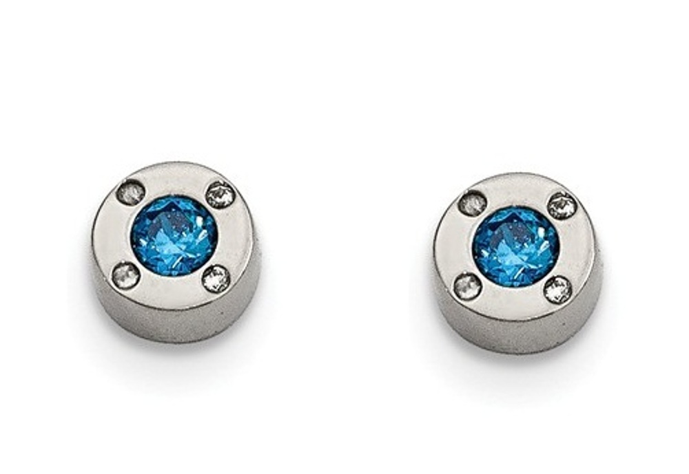 Stainless Steel Blue and Clear Cubic Zirconia Post Earrings