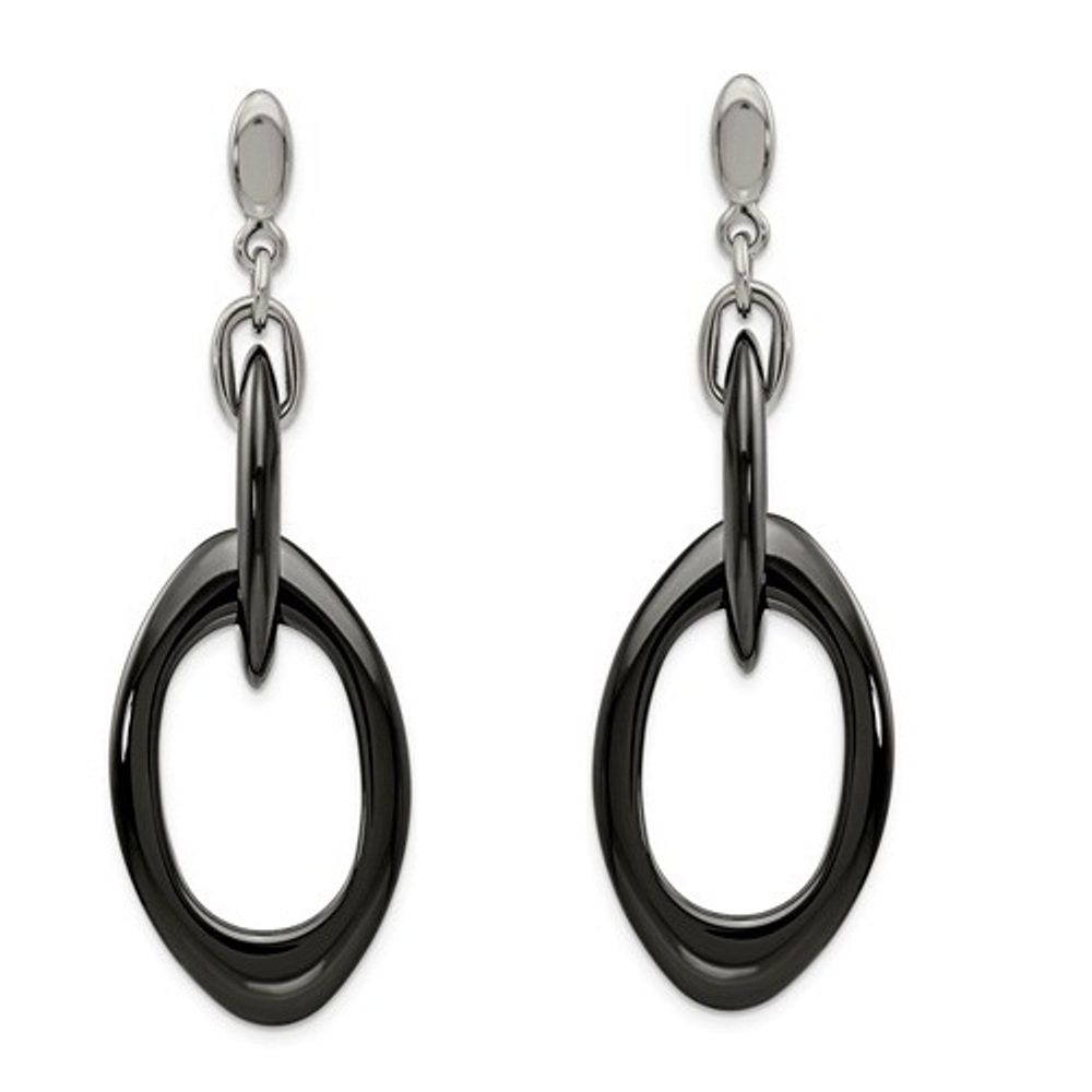 Stainless Steel Black Ceramic Dangle Post Earrings