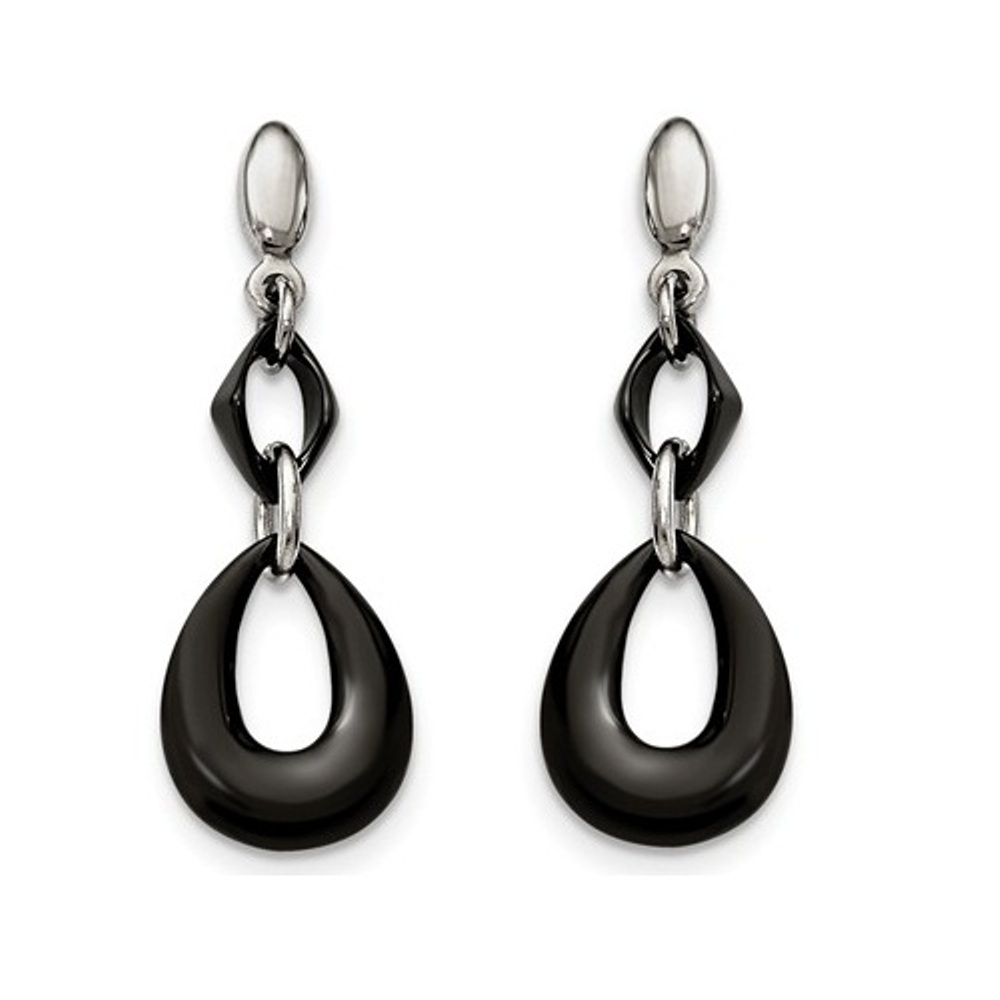 Stainless Steel Black Ceramic Dangle Post Earrings