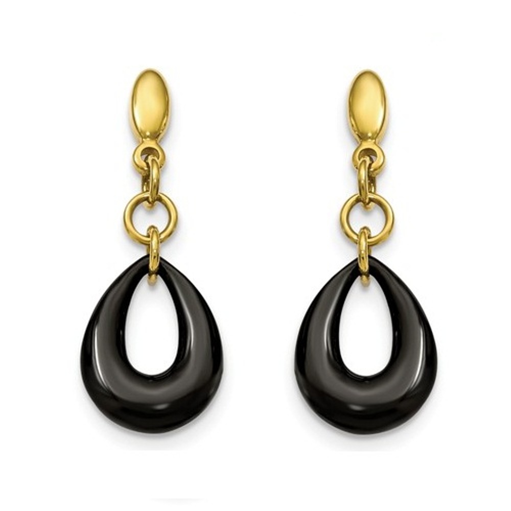  Yellow-IP Stainless Steel Black Ceramic Post Dangle Earrings  