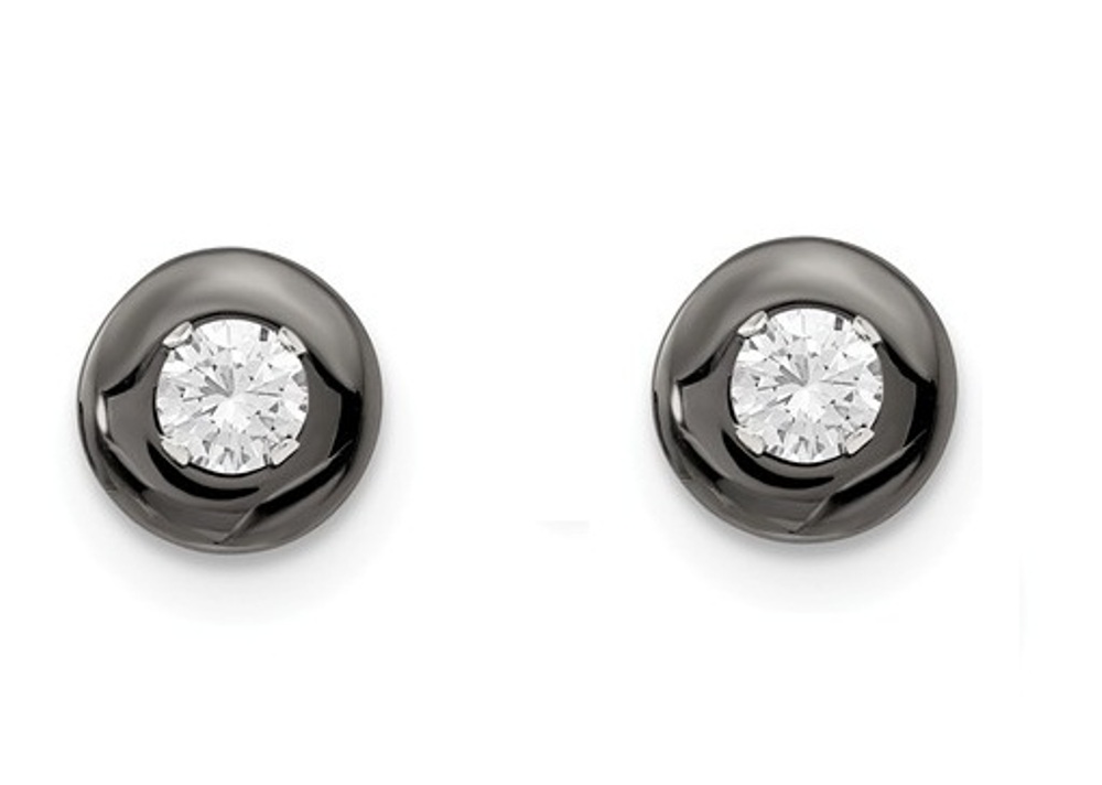 Stainless Steel Black Ceramic With Cubic Zirconia Post Earrings