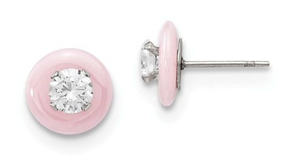 Stainless Steel Pink Ceramic With Cubic Zirconia Post Earrings
