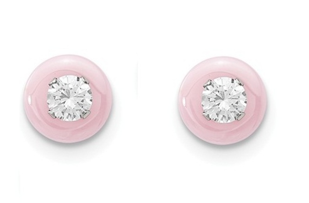 Stainless Steel Pink Ceramic With Cubic Zirconia Post Earrings