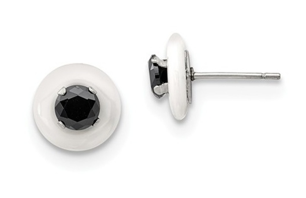 Stainless Steel White Ceramic With Black Cubic Zirconia Post Earrings