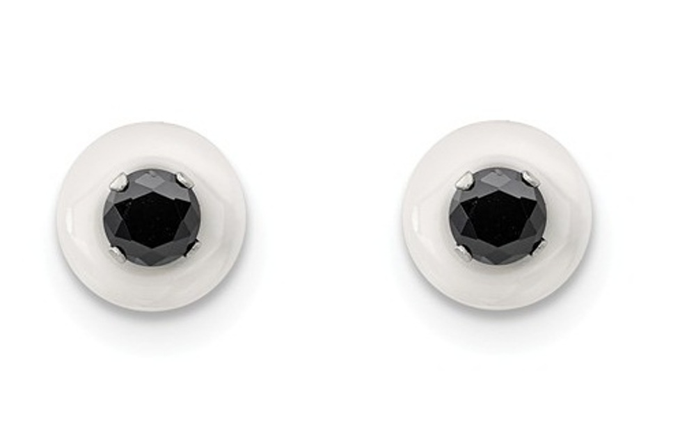 Stainless Steel White Ceramic With Black Cubic Zirconia Post Earrings