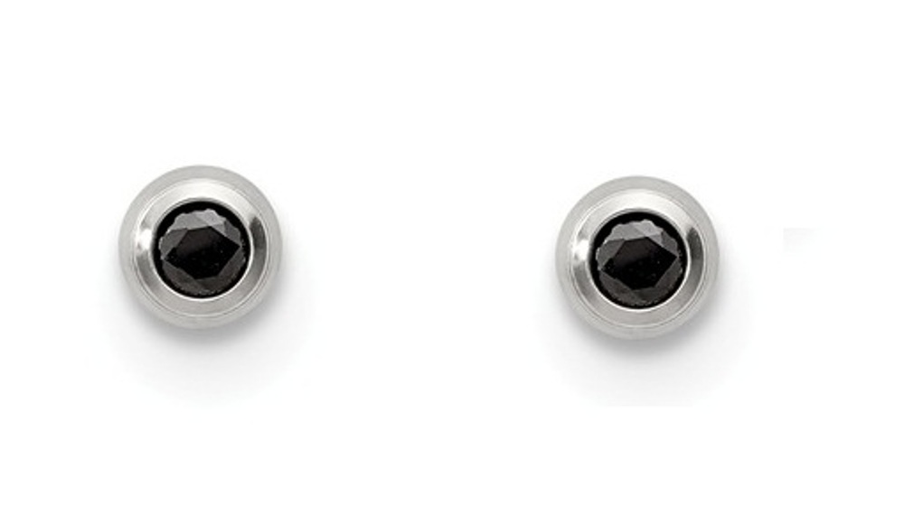 Stainless Steel  3mm Bezel Black Cubic Zirconia Stud Post Earrings