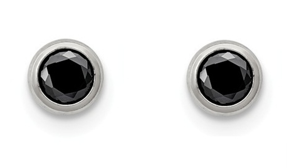 Stainless Steel 6mm Bezel Black CZ Stud Post Earrings
