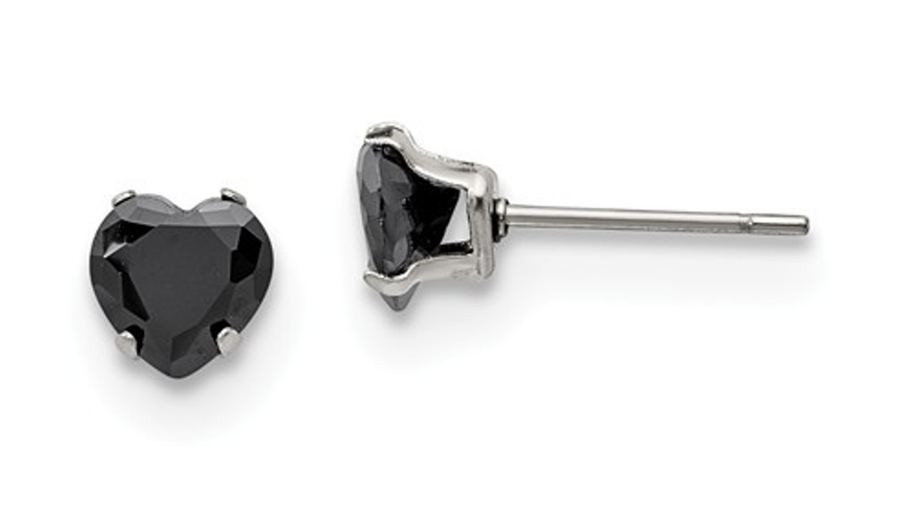 Stainless Steel 6mm Black Heart CZ Stud Post Earrings