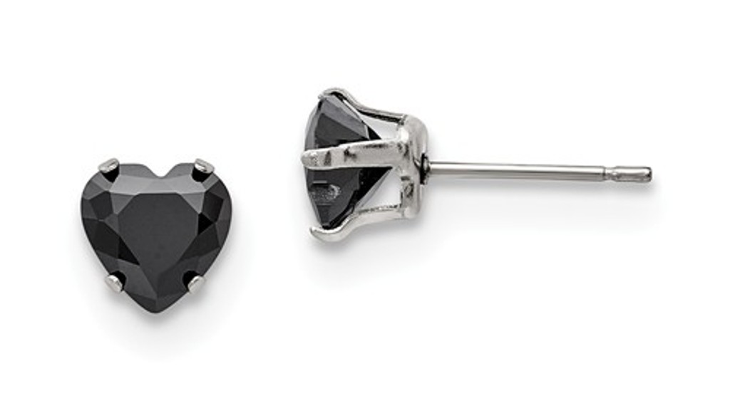 Stainless Steel 7mm Black Heart CZ Stud Post Earrings
