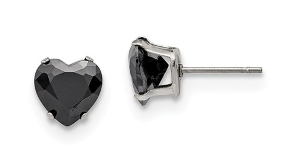 Stainless Steel 8mm Black Heart CZ Stud Post Earrings
