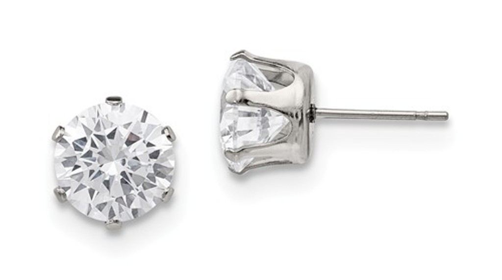 Stainless Steel 9mm Round Cubic Zirconia Stud Post Earrings