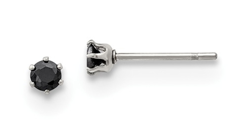 Stainless Steel 3mm Black Round CZ Stud Post Earrings