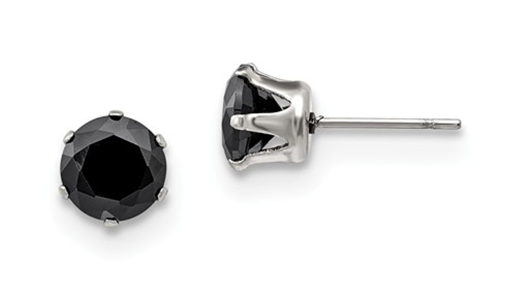 Stainless Steel 7mm Black Round CZ Stud Post Earrings
