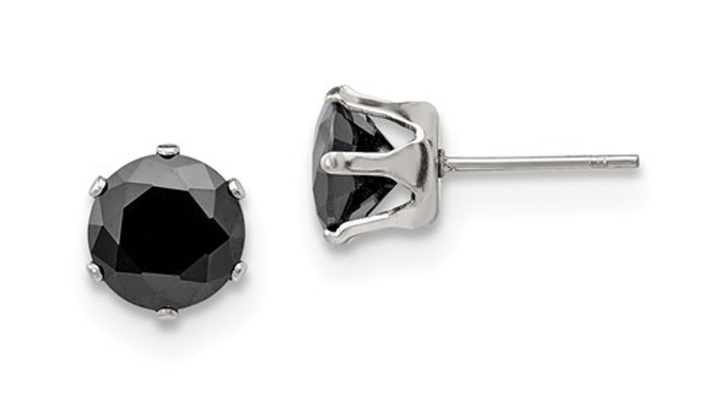 Stainless Steel 8mm Black Round CZ Stud Post Earrings