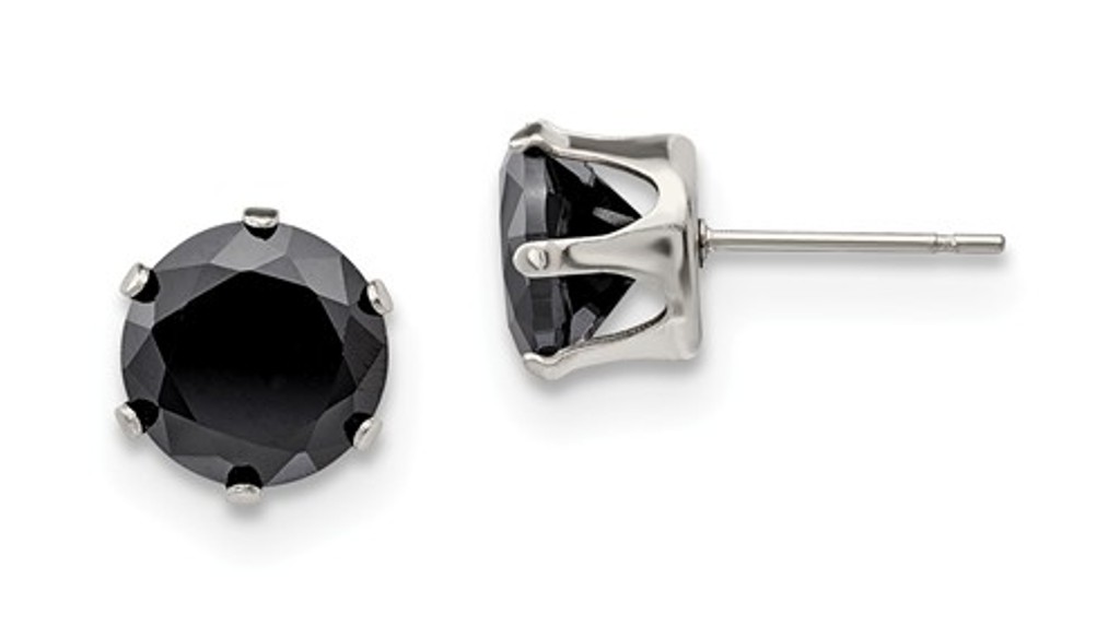 Stainless Steel 9mm Black Round CZ Stud Post Earrings