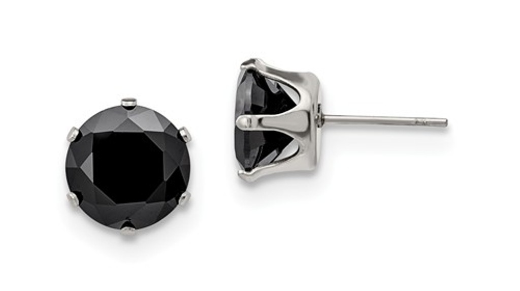 Stainless Steel 10mm Black Round CZ Stud Post Earrings