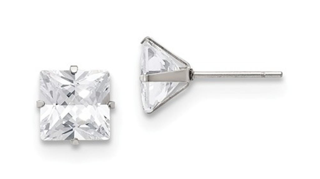 Stainless Steel 8mm Square CZ Stud Post Earrings