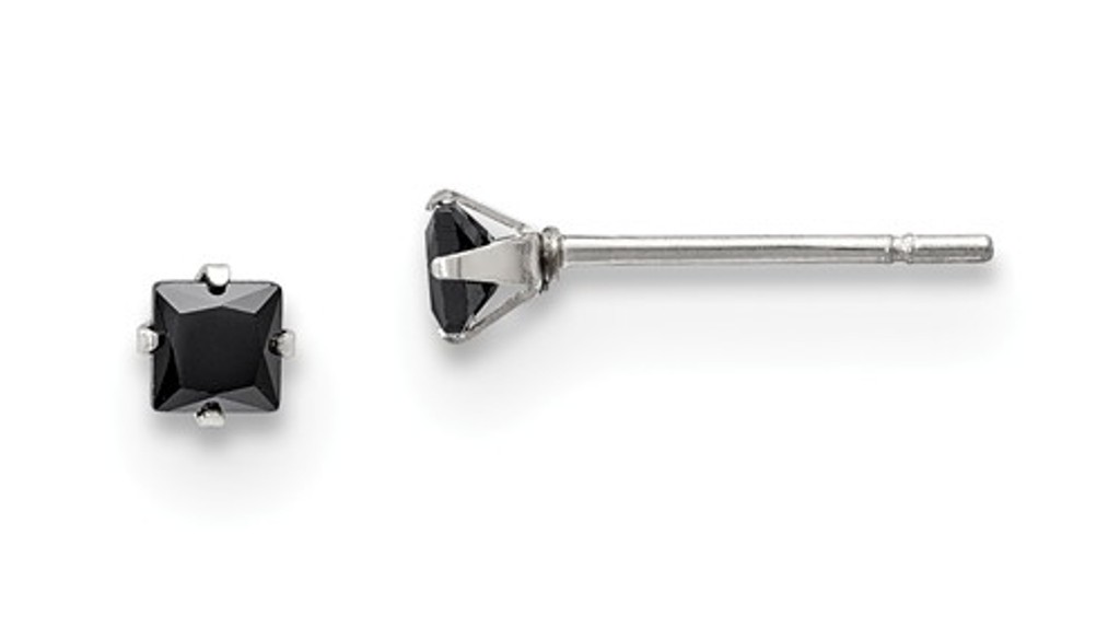 Stainless Steel  3mm Black Square CZ Stud Post Earrings