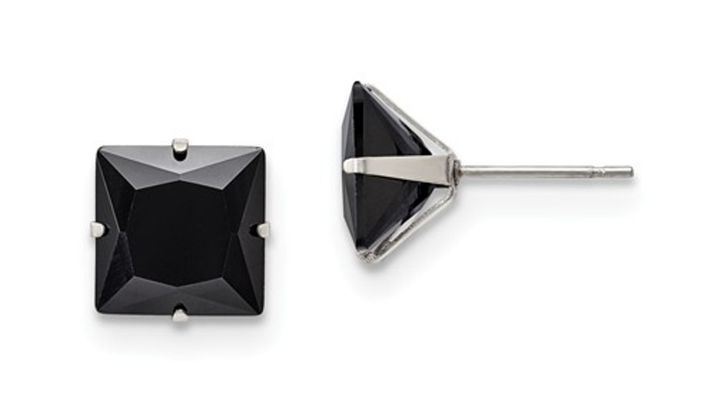 Stainless Steel 10mm Black Square CZ Stud Post Earrings