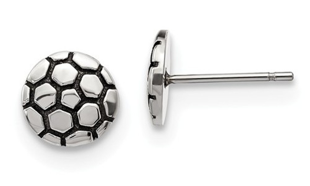 Antiqued and Polished Stainless Steel Soccer Ball Post Earrings