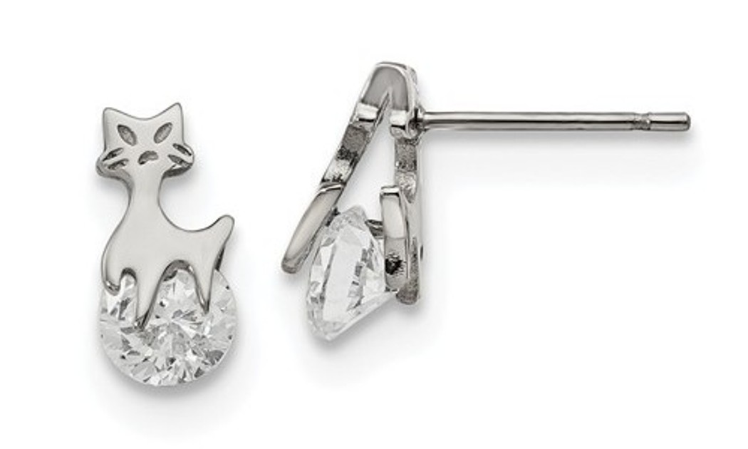 Stainless Steel With CZ Cat Post Earrings