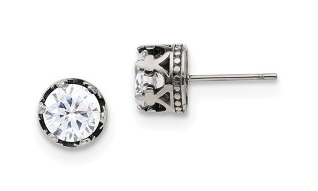 Antiqued and Polished Stainless Steel Crown With CZ Post Earrings