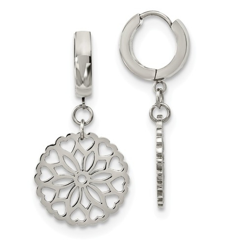 Stainless Steel Flower Hinged Hoop Dangle Earrings