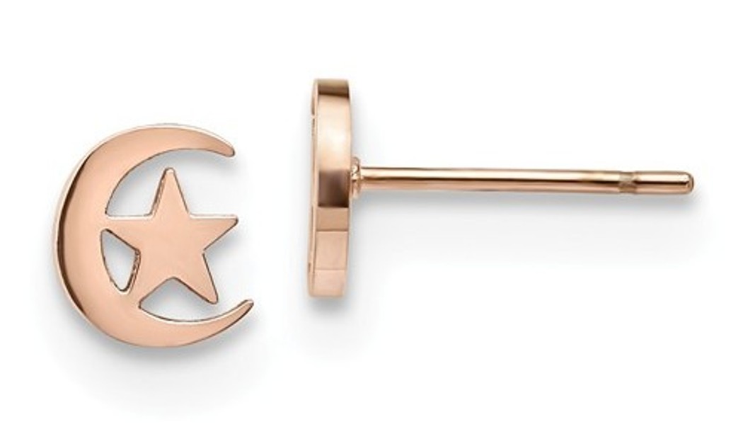 Rose IP Stainless Steel Cresent Moon with Star Post Earrings