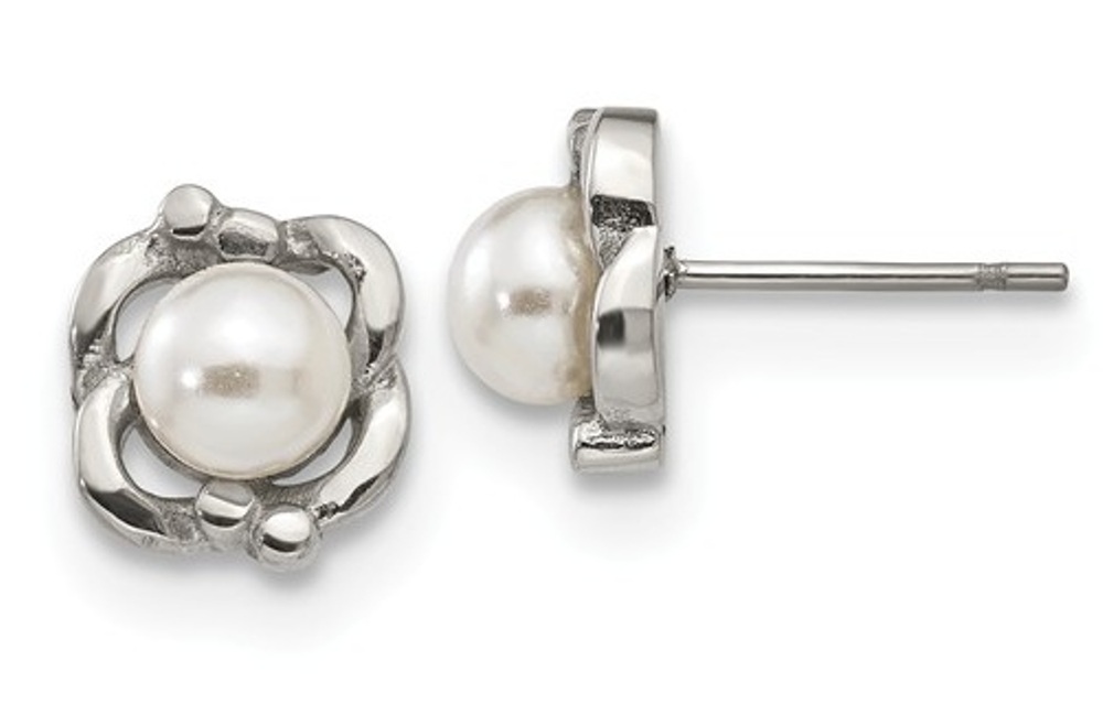 Stainless Steel Simulated Pearl Flower Post Earrings