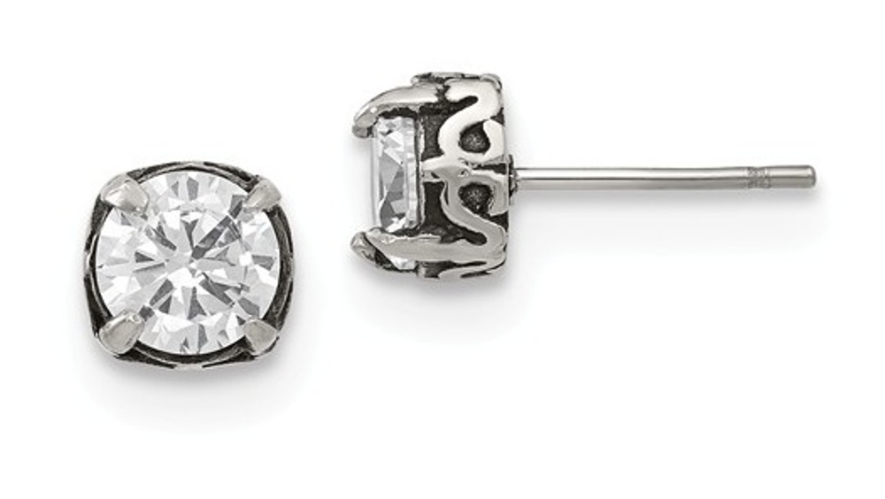 Antiqued Stainless Steel CZ Post Earrings