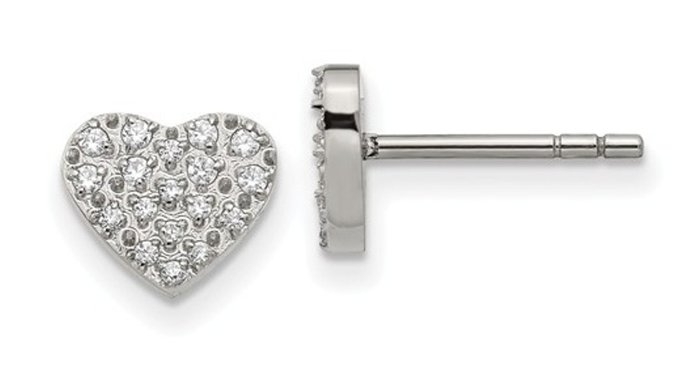 Polished Stainless Steel CZ Heart Post Earrings