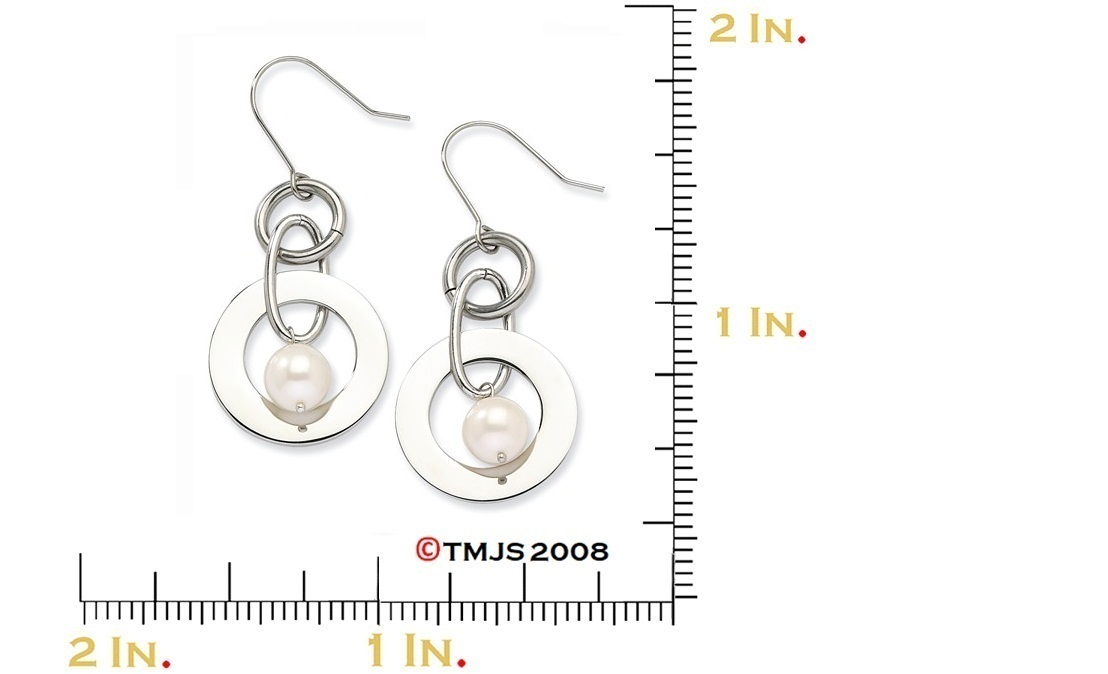 Stainless Steel White FW Cultured Pearl Dangle Earrings