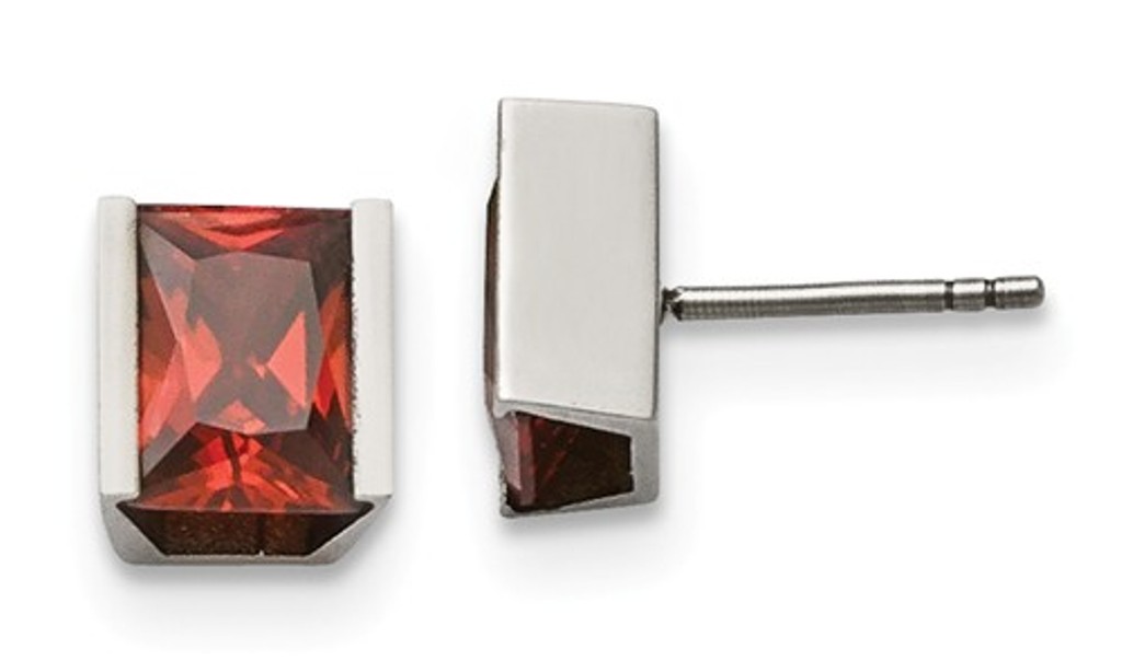 Stainless Steel Red CZ Stone Post Earrings