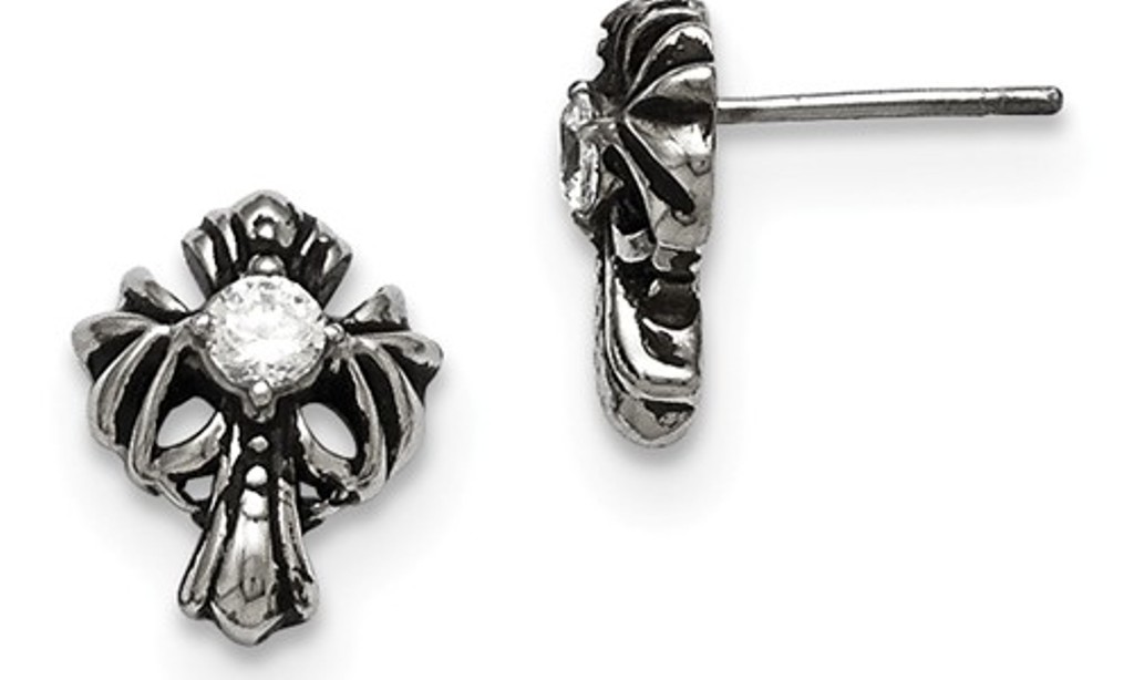  Antiqued Stainless Steel Cross with CZ Post Earrings